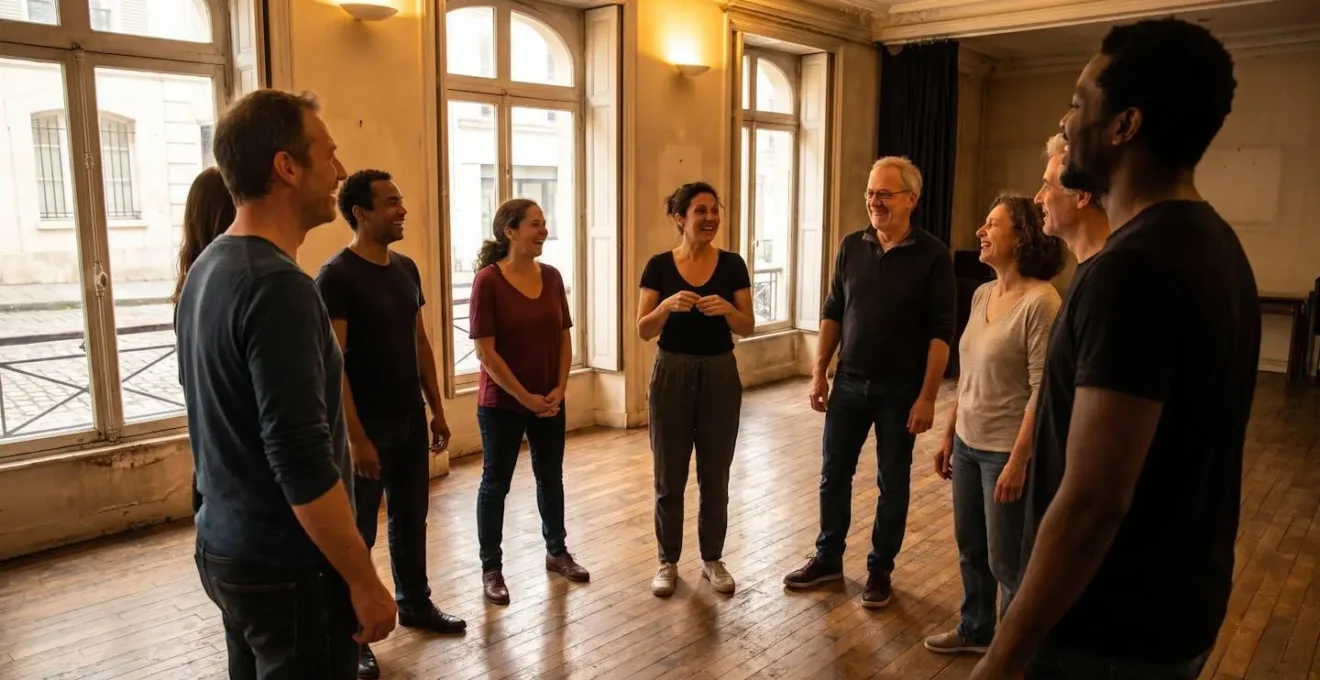 Un groupe d'adultes en cercle lors d'un atelier de théâtre à Paris, exprimant spontanéité et concentration