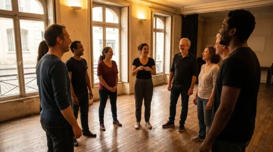 Un groupe d'adultes en cercle lors d'un atelier de théâtre à Paris, exprimant spontanéité et concentration