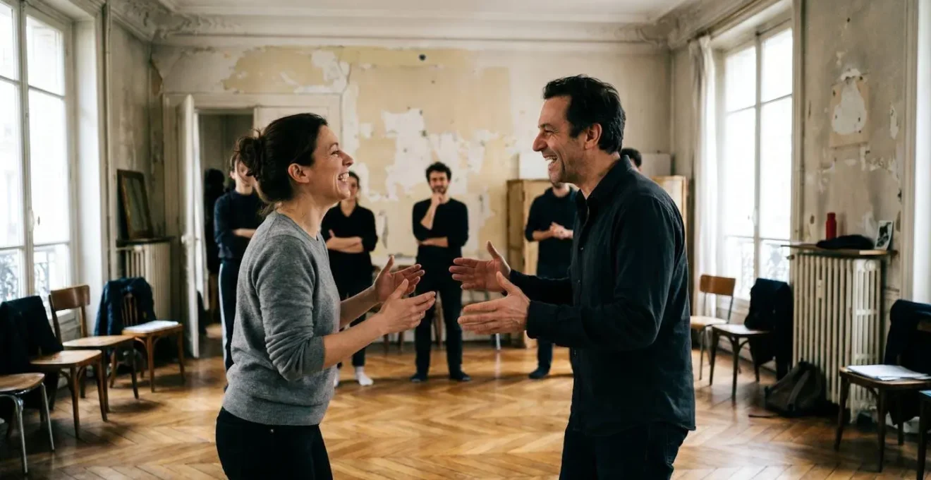 Deux participants à un atelier de comédie à Paris en plein exercice d'improvisation face à face, sourires et concentration mélangés